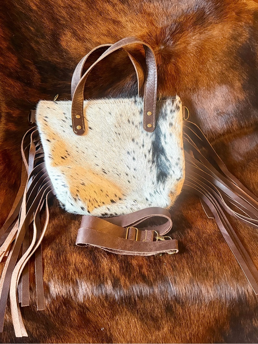 TTT Willow White and Black Speckled Cowhide  Fringed Small Tote Bag